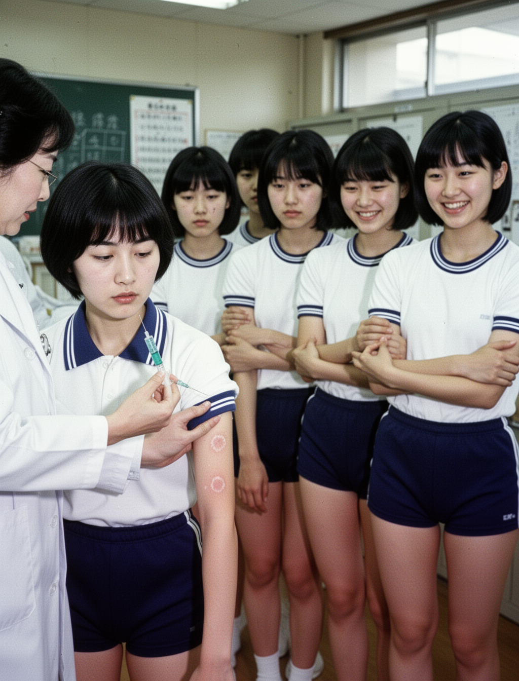 AI generated image using WERYAI_IMAGE_2_0: A photo-quality smooth image. 1980s Japan. A scene in a school infirmary on a gr...