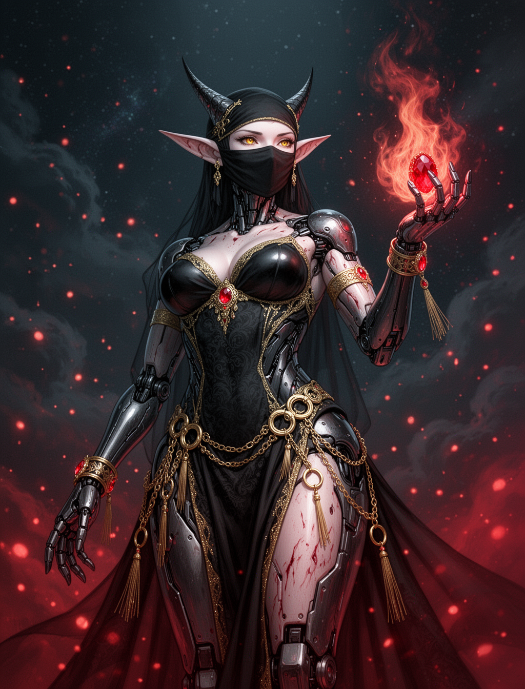 AI generated image using WERYAI_IMAGE_2_0: Subject: Anime-style cold and aloof dark elf, pointed ears and golden eyes with ...