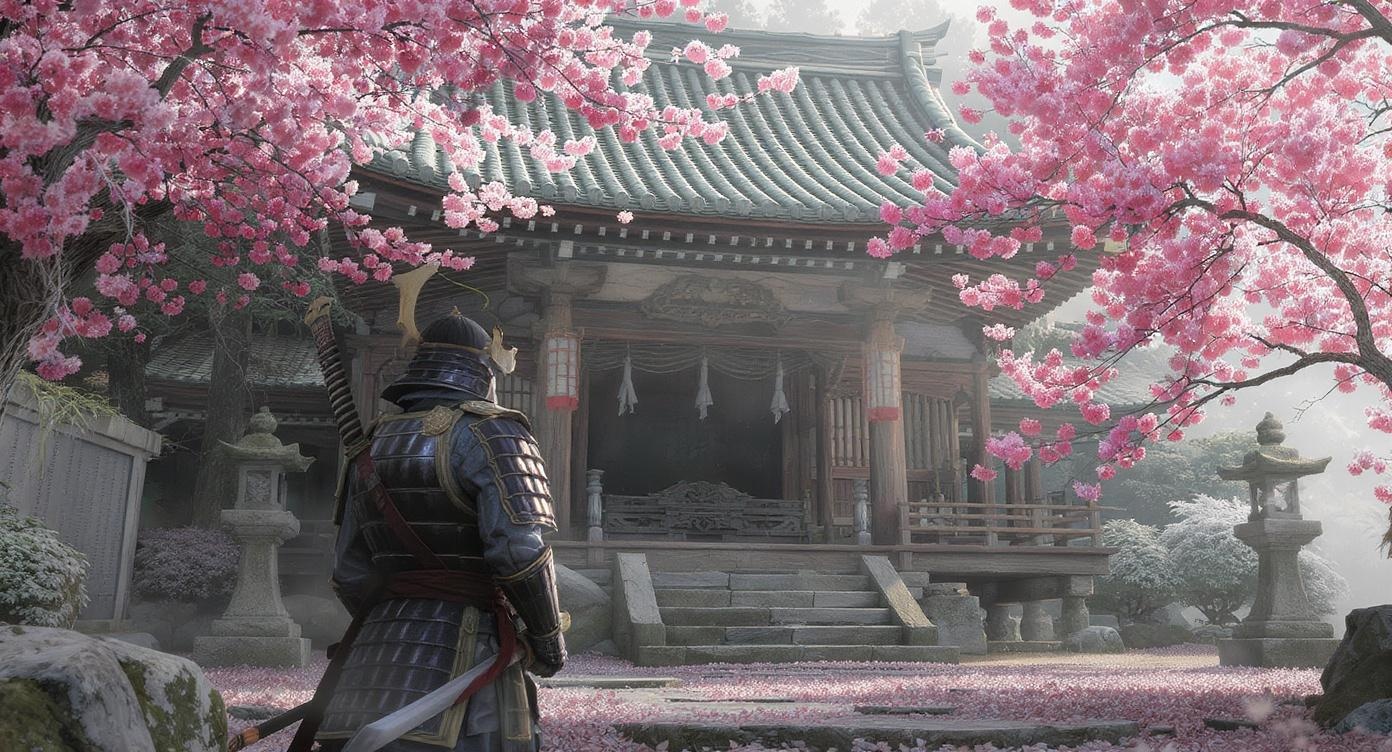 AI generated image using FLUX: A 3D animation scene. In the distance, a Japanese samurai dressed in exquisite t...