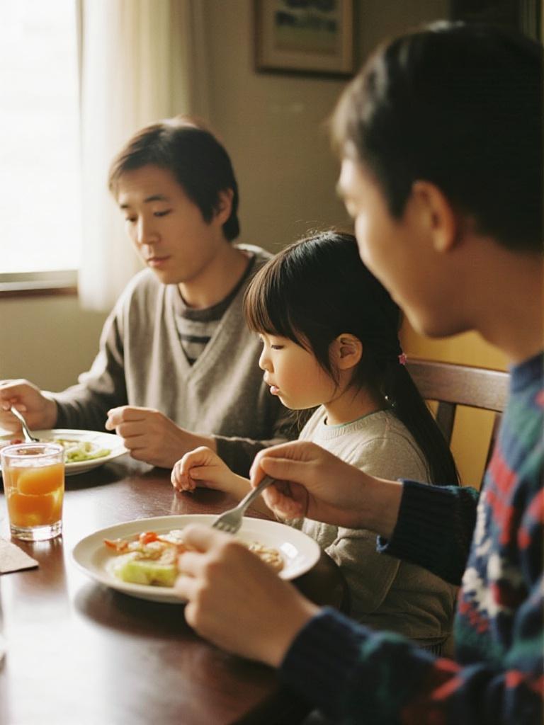 AI generated image using DREAMINA: A candid cinematic scene of a family sharing dinner at home. Warm indoor lightin...