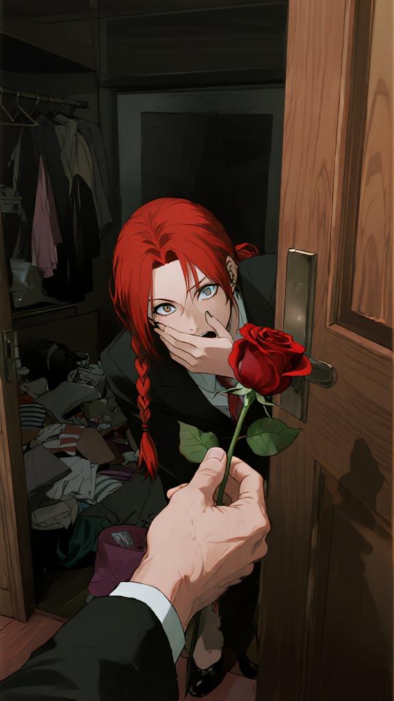 AI generated image using DREAMINA: Subject: Makima from the "Chainsaw Man" manga (red hair in a braid, hiding behin...