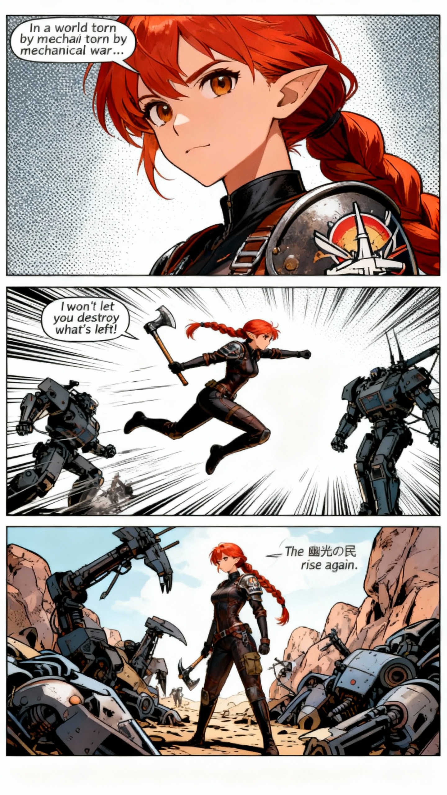 AI generated image using SEEDREAM: make a comic book strip, add text, write a compelling story. I want a superhero ...