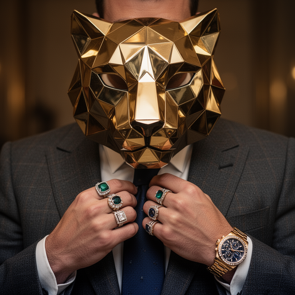 AI generated image using WERYAI_IMAGE_2_0: Close-up shot of a golden geometric tiger mask, hands with expensive rings and a...