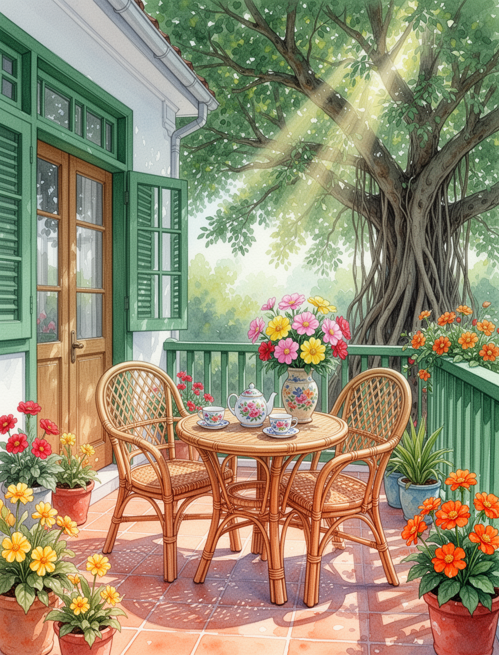 AI generated image using WERYAI_IMAGE_2_0: Rendered in a watercolor style, the image presents a cozy balcony scene. A house...