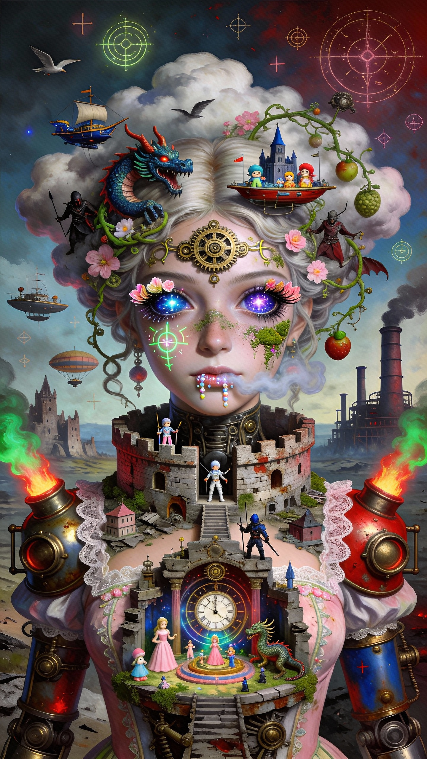 AI generated image using SEEDREAM_4_5: 极繁超现实主义油画，主体是蒸汽童话末日公主半身像，她的皮肤是蒸汽金属与童话蕾丝拼接，睫毛是蒸汽齿轮与童话花瓣，眼瞳是蒸汽星云（里面有蒸汽飞船、童话城堡、微型童话...