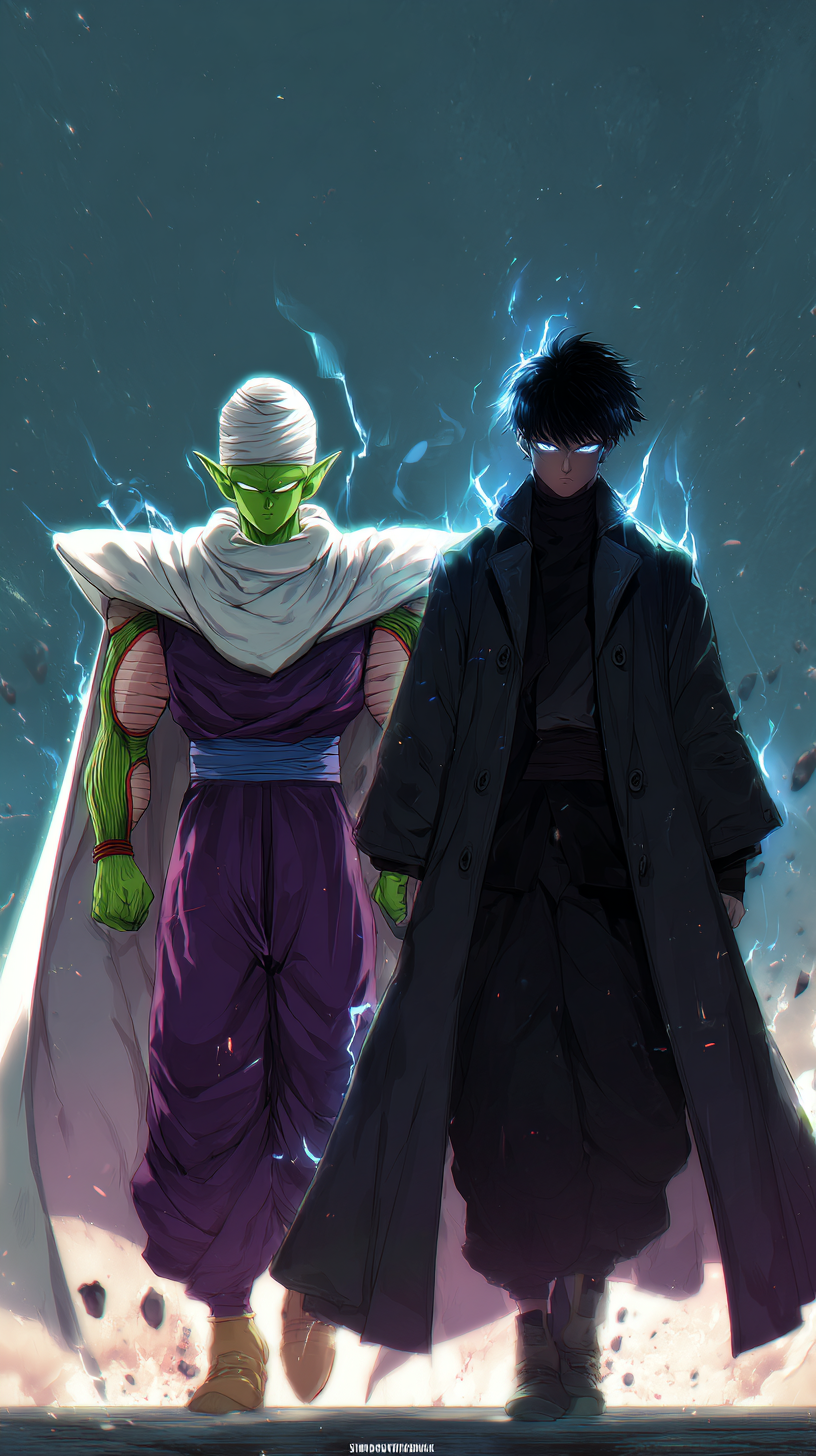 AI generated image using WERYAI_IMAGE_1_0: Piccolo from Dragon Ball Z and Sung Jin-Woo from Solo Leveling standing side by ...