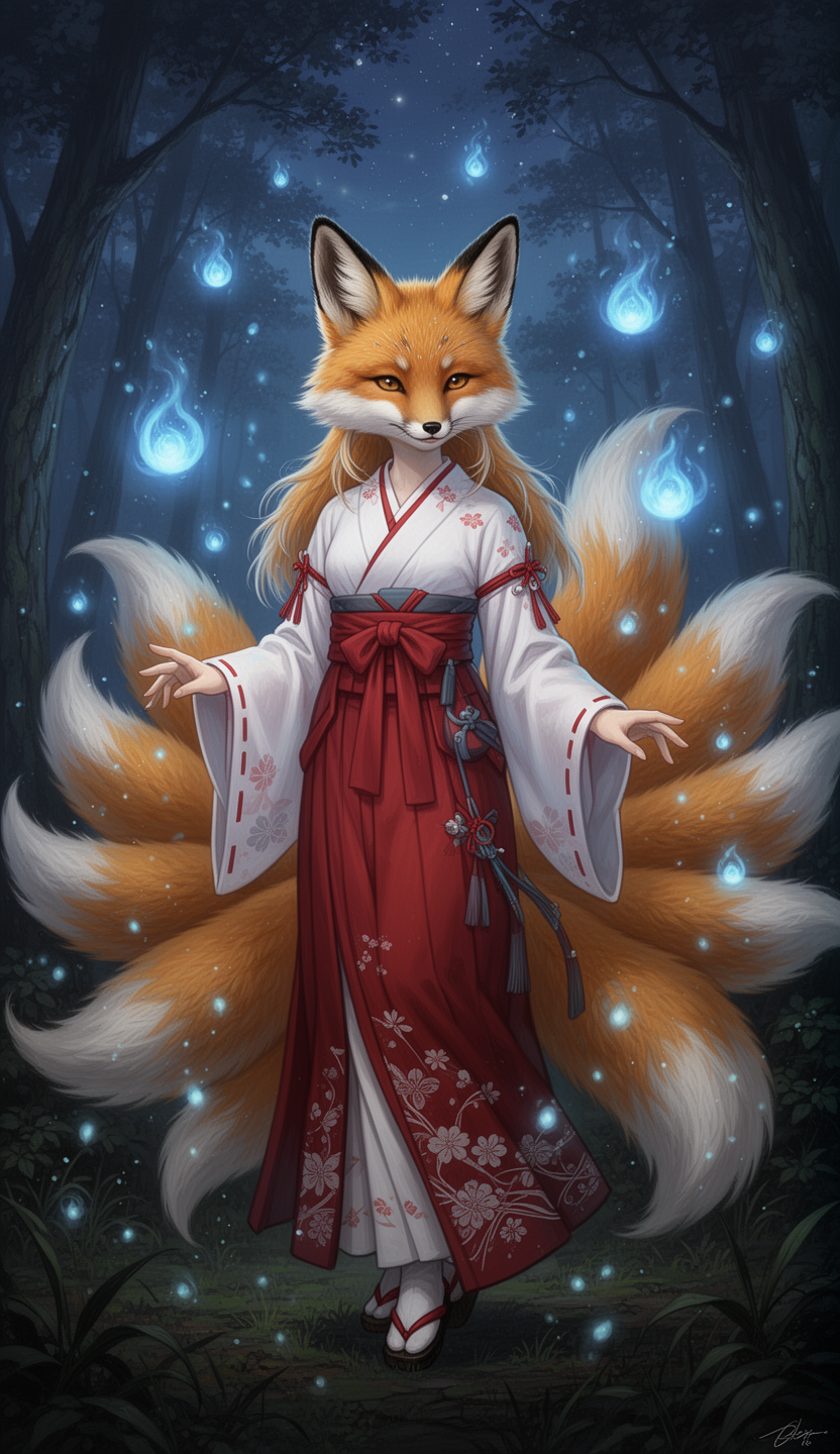 AI generated image using WERYAI_IMAGE_2_0: (masterpiece, best quality), fantasy Japanese folklore. Beautiful Kitsune (fox s...