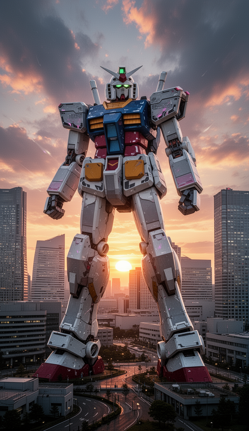 AI generated image using WERYAI_IMAGE_2_0: """
A Gundam-style giant robot standing tall in a futuristic Odaiba cityscape du...