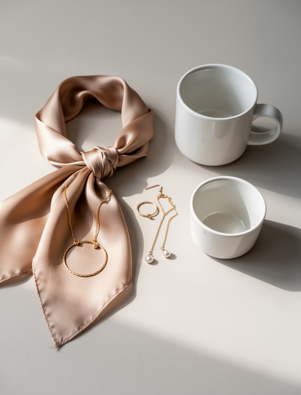 AI generated image using WERYAI_IMAGE_2_0: Minimalist luxury flat lay, beige silk scarf, dainty gold jewelry, white ceramic...