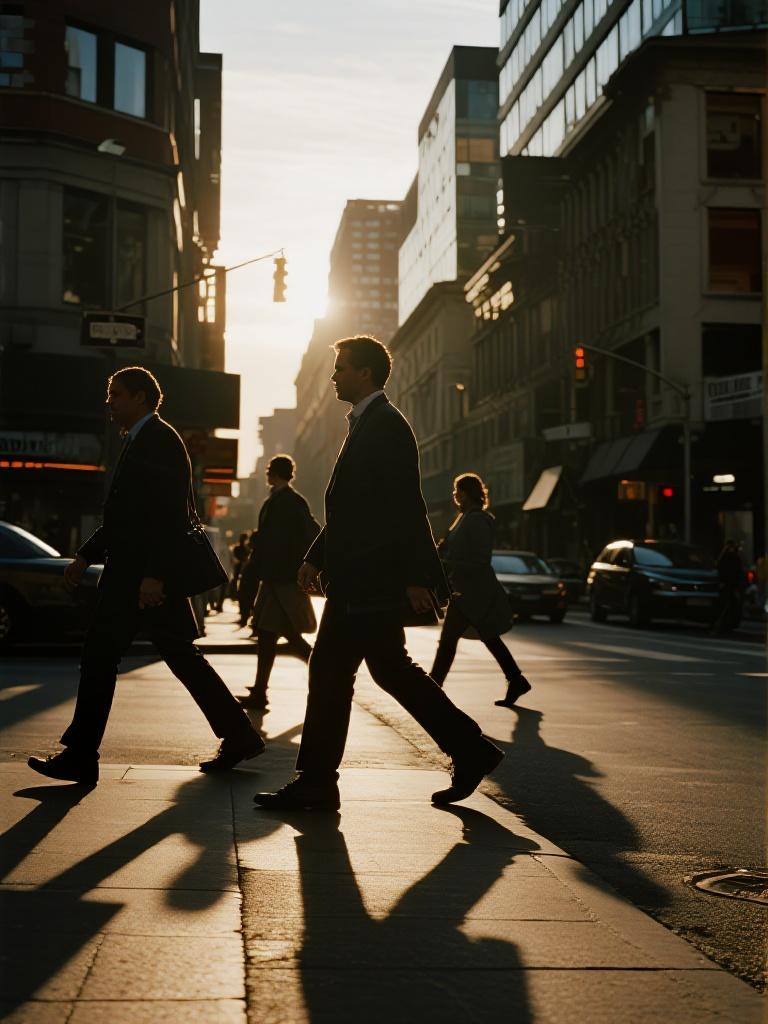 AI generated image using DREAMINA: A realistic cinematic street scene of people walking to work in a modern city du...