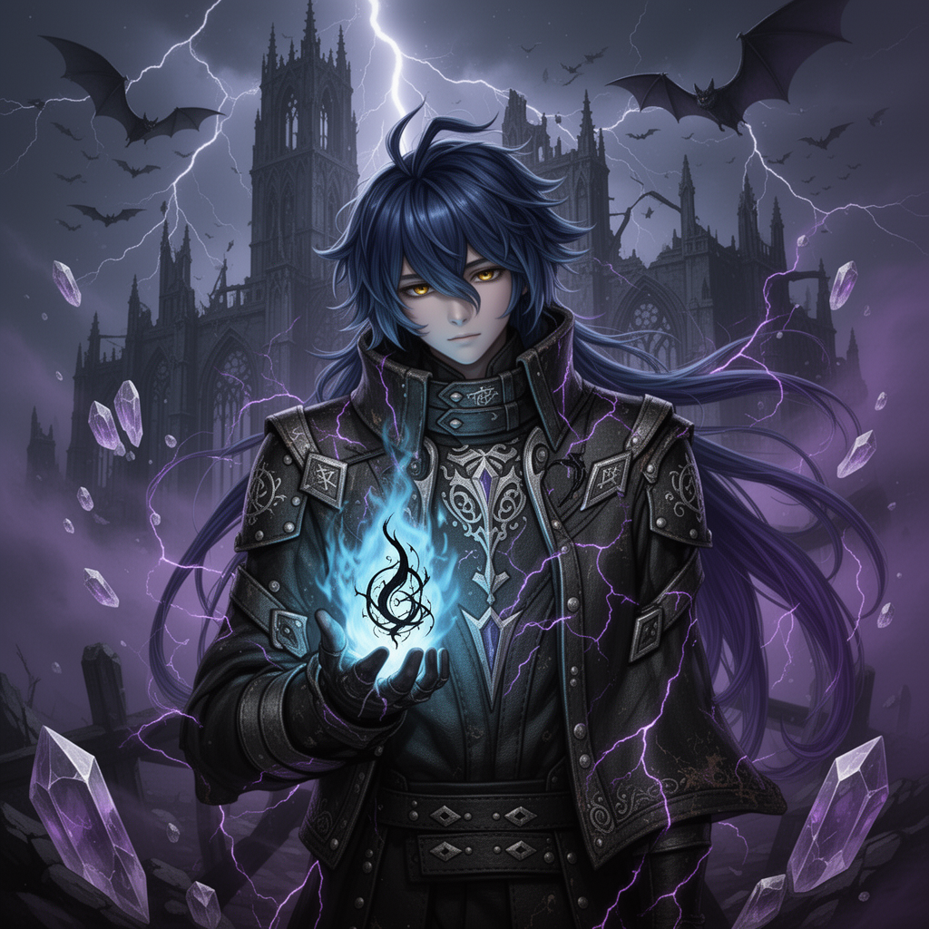 AI generated image using WERYAI_IMAGE_2_0: Dark fantasy world setting. A young boy character with fluffy, waist-length hair...