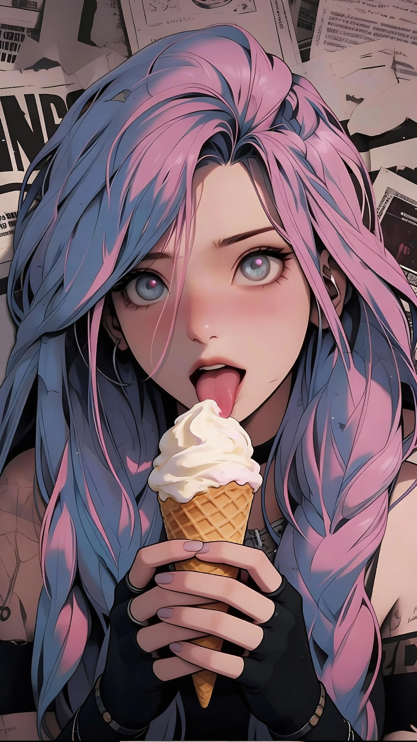 AI generated image using SEEDREAM_4_5: 她双手捧着一个冰淇淋，伸出舌头舔