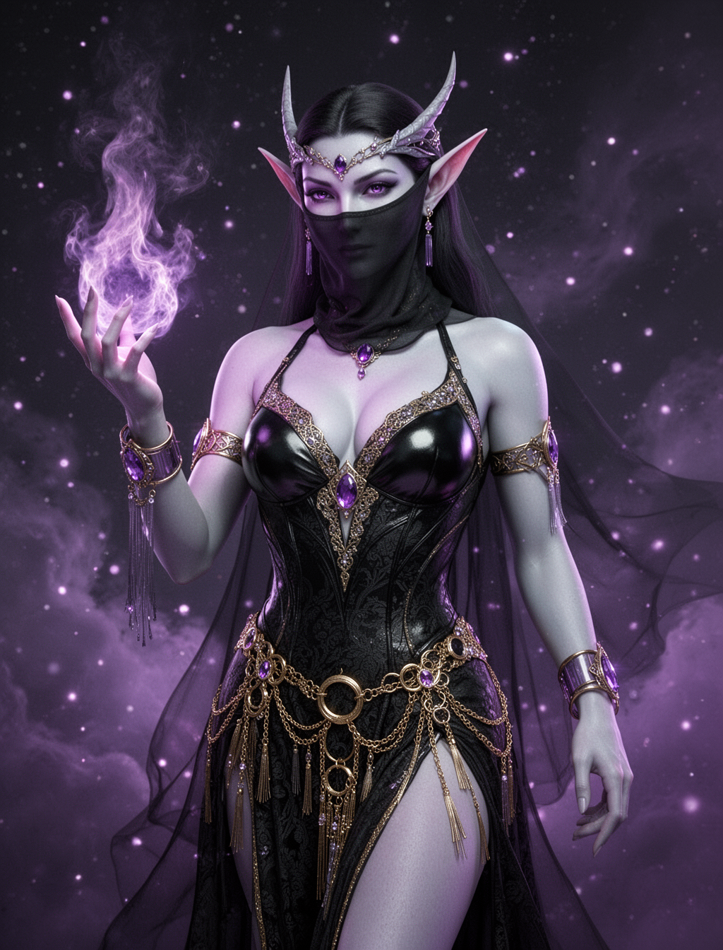 AI generated image using WERYAI_IMAGE_2_0: Subject: Aloof dark elf with pointed ears and purple eyes wearing a mysterious v...
