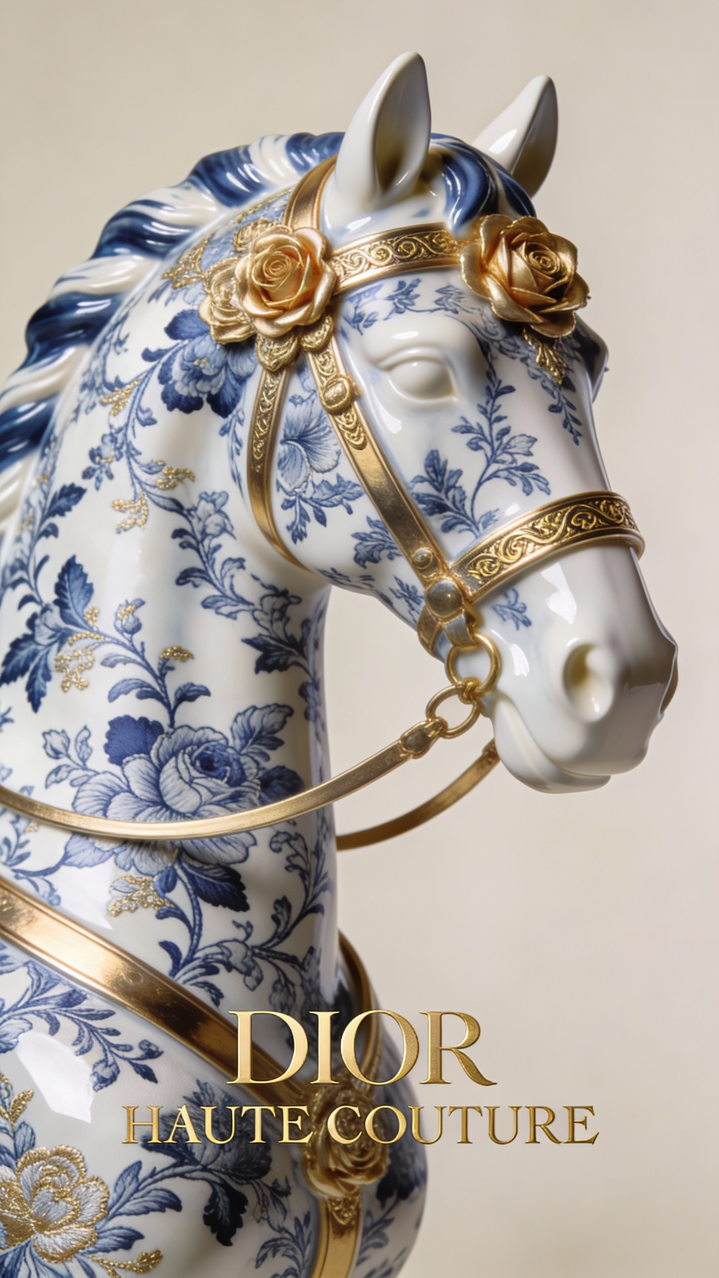 AI generated image using SEEDREAM_4_5: French Haute Couture luxury style, a half-body close-up of a horse sculpture, fe...