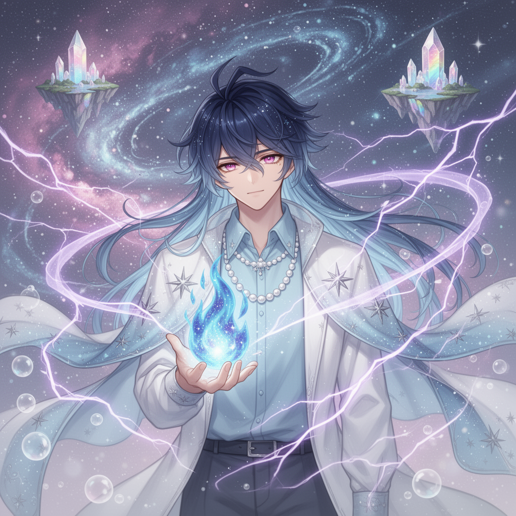 AI generated image using WERYAI_IMAGE_2_0: Dreamy anime aesthetic style, a young male character with long dark blue hair tr...