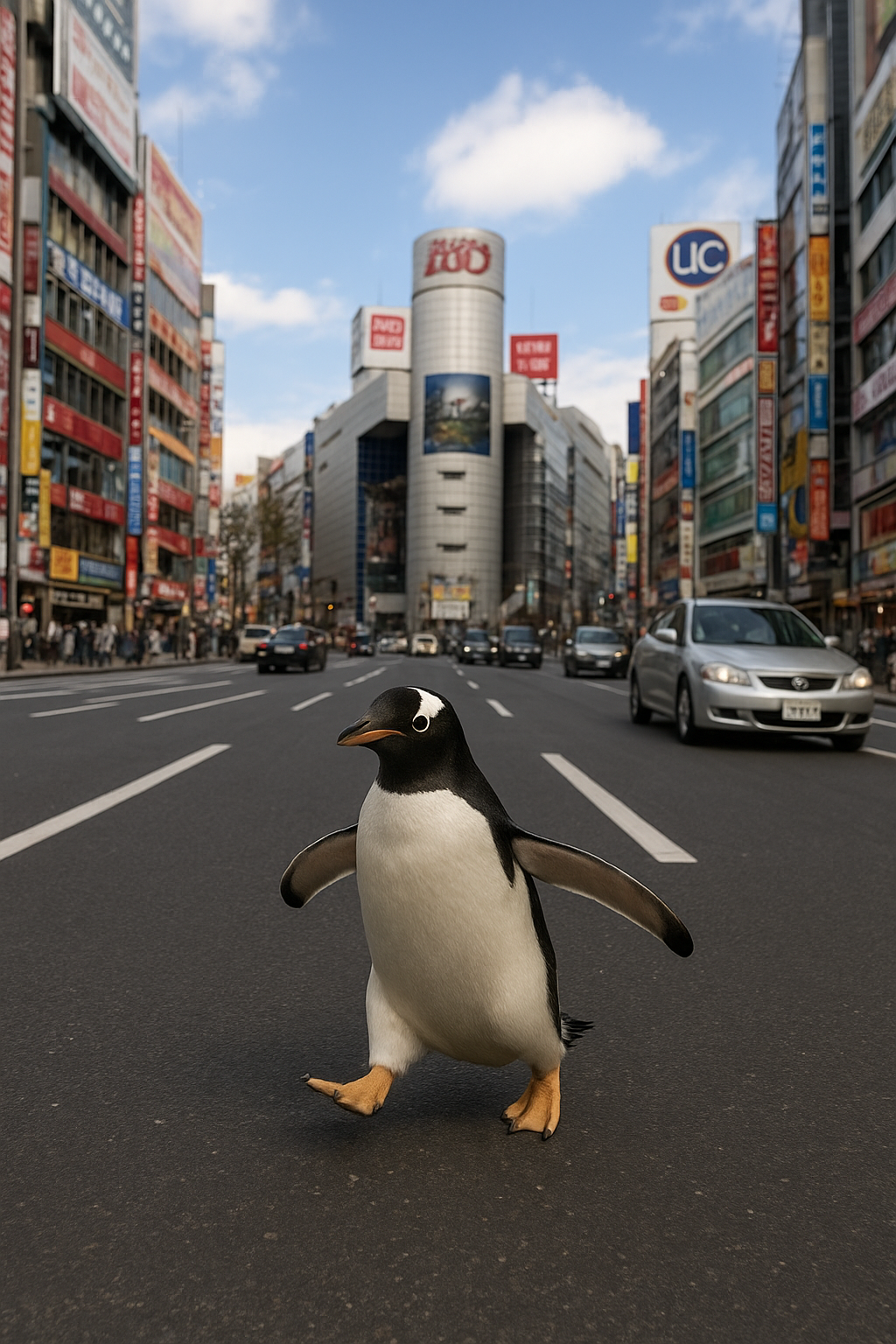 AI generated image using GPT_IMAGE_1_MINI: 　A penguin is running on the roadway in Shibuya