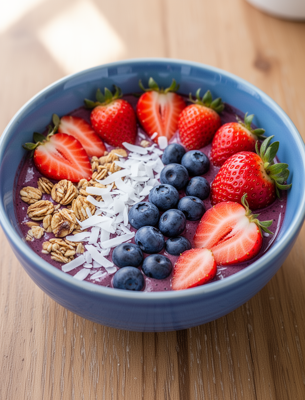 AI generated image using WERYAI_IMAGE_2_0: """
Fresh fruit bowl aesthetic, açaí bowl with granola, fresh strawberries, blue...
