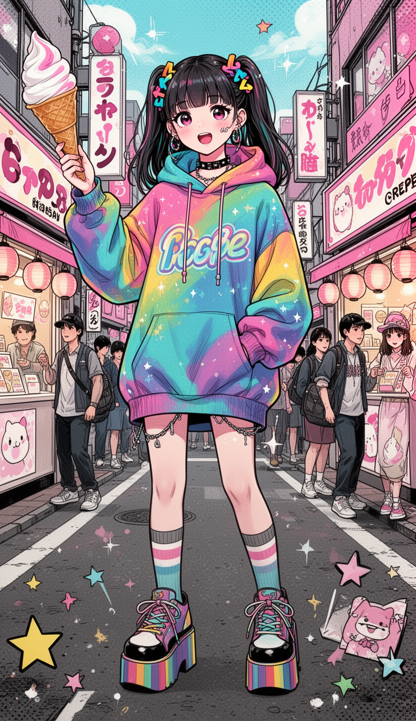 AI generated image using WERYAI_IMAGE_2_0: (masterpiece, best quality), modern Japanese street fashion. A cute girl in Hara...