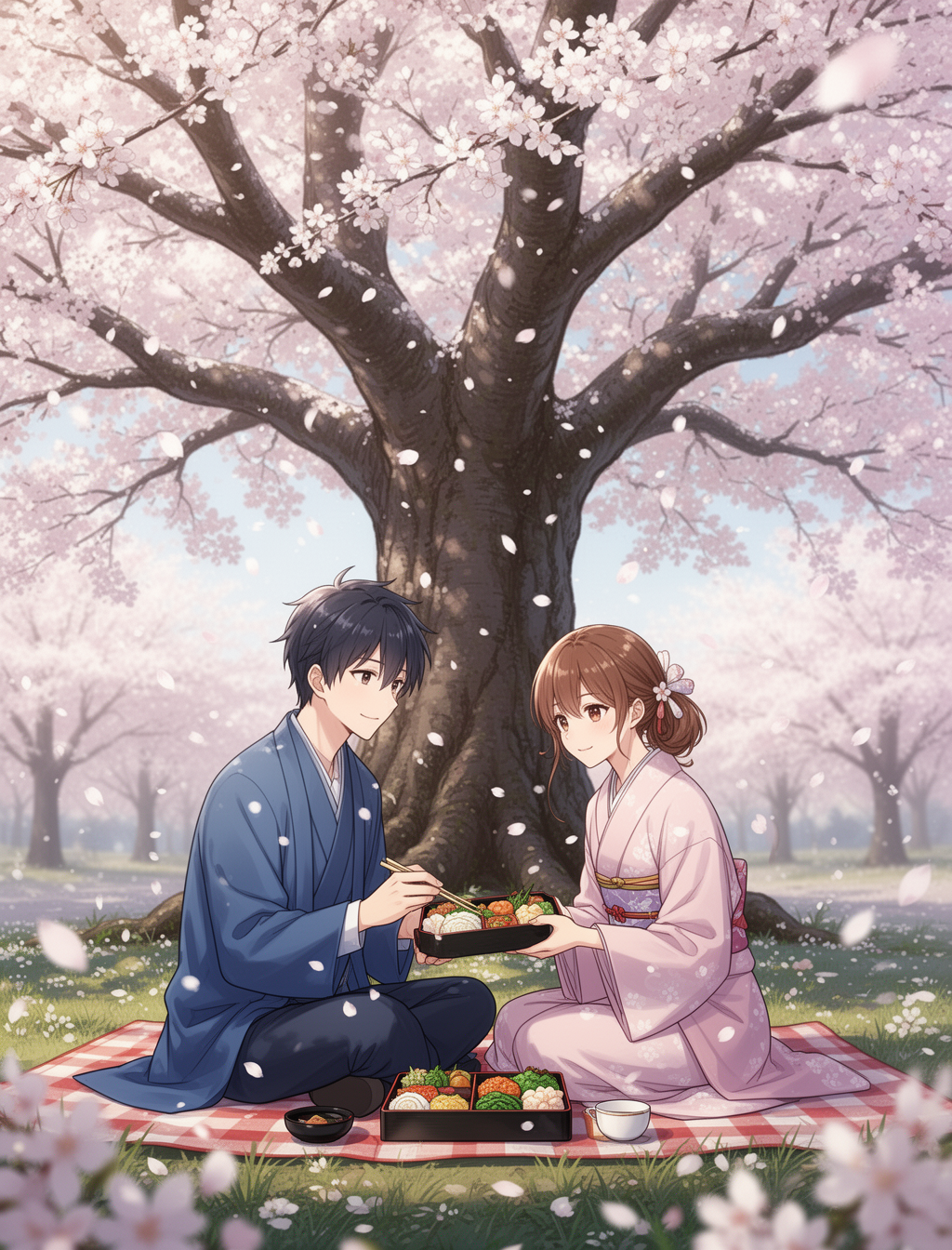 AI generated image using WERYAI_IMAGE_2_0: """
A romantic hanami scene beneath a huge sakura tree in full bloom, featuring ...
