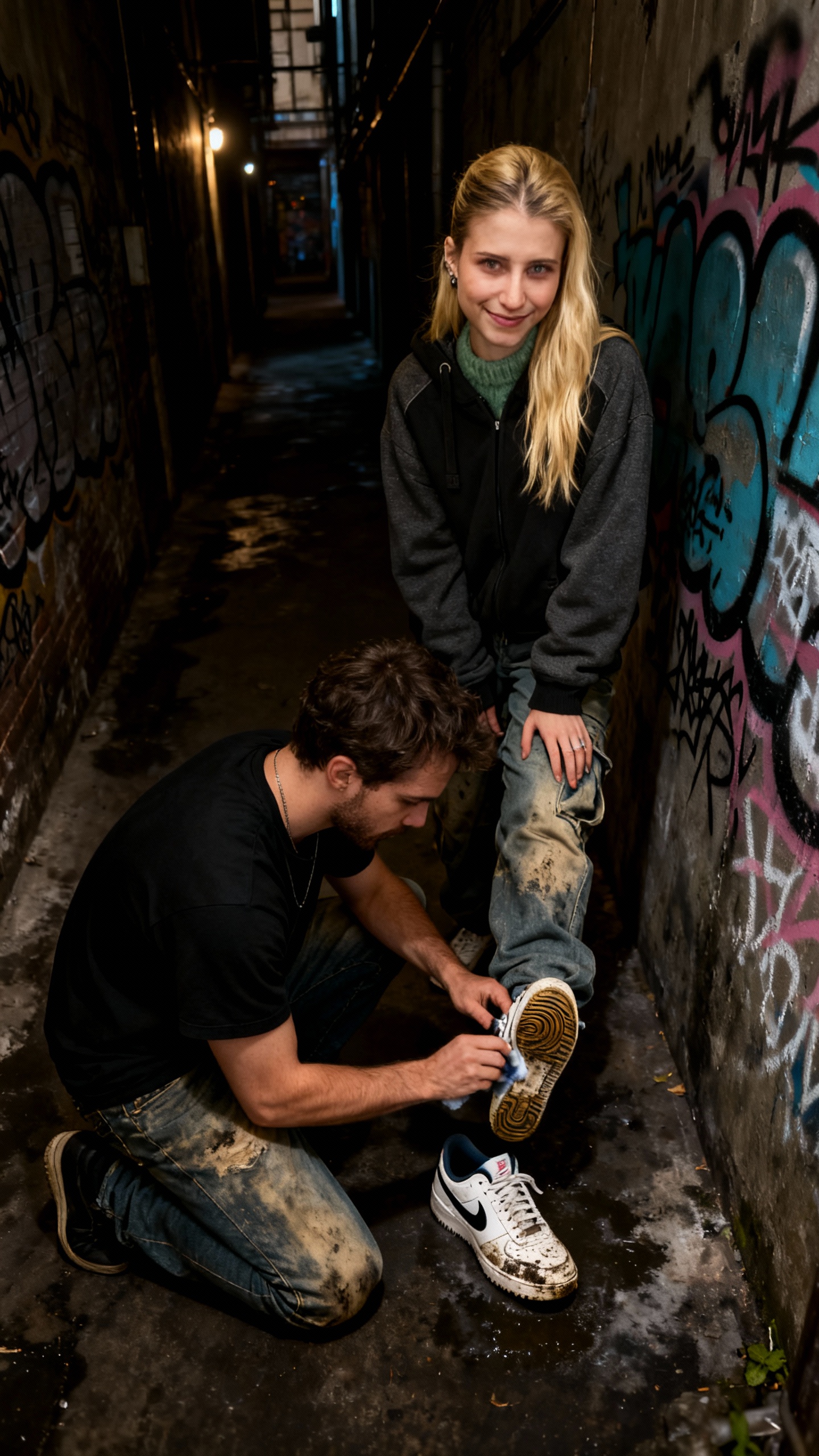 AI generated image using SEEDREAM: photorealistic, a blonde woman with a knowing smirk, a man on his knees, high an...