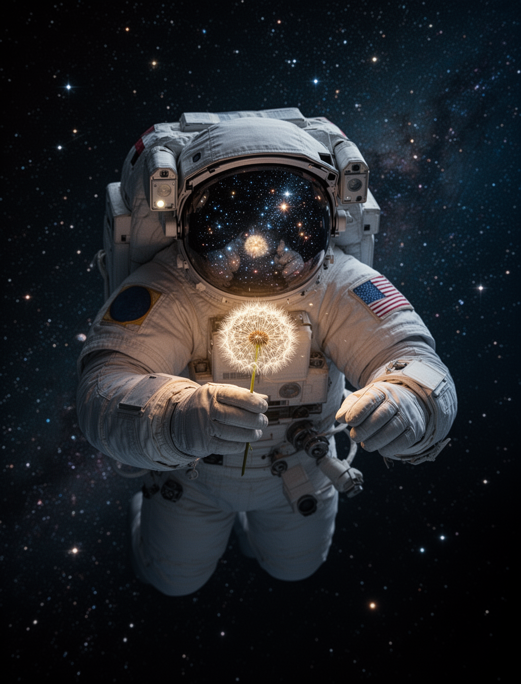 AI generated image using WERYAI_IMAGE_2_0: """
A lone astronaut drifting in space, holding a glowing dandelion, stars refle...