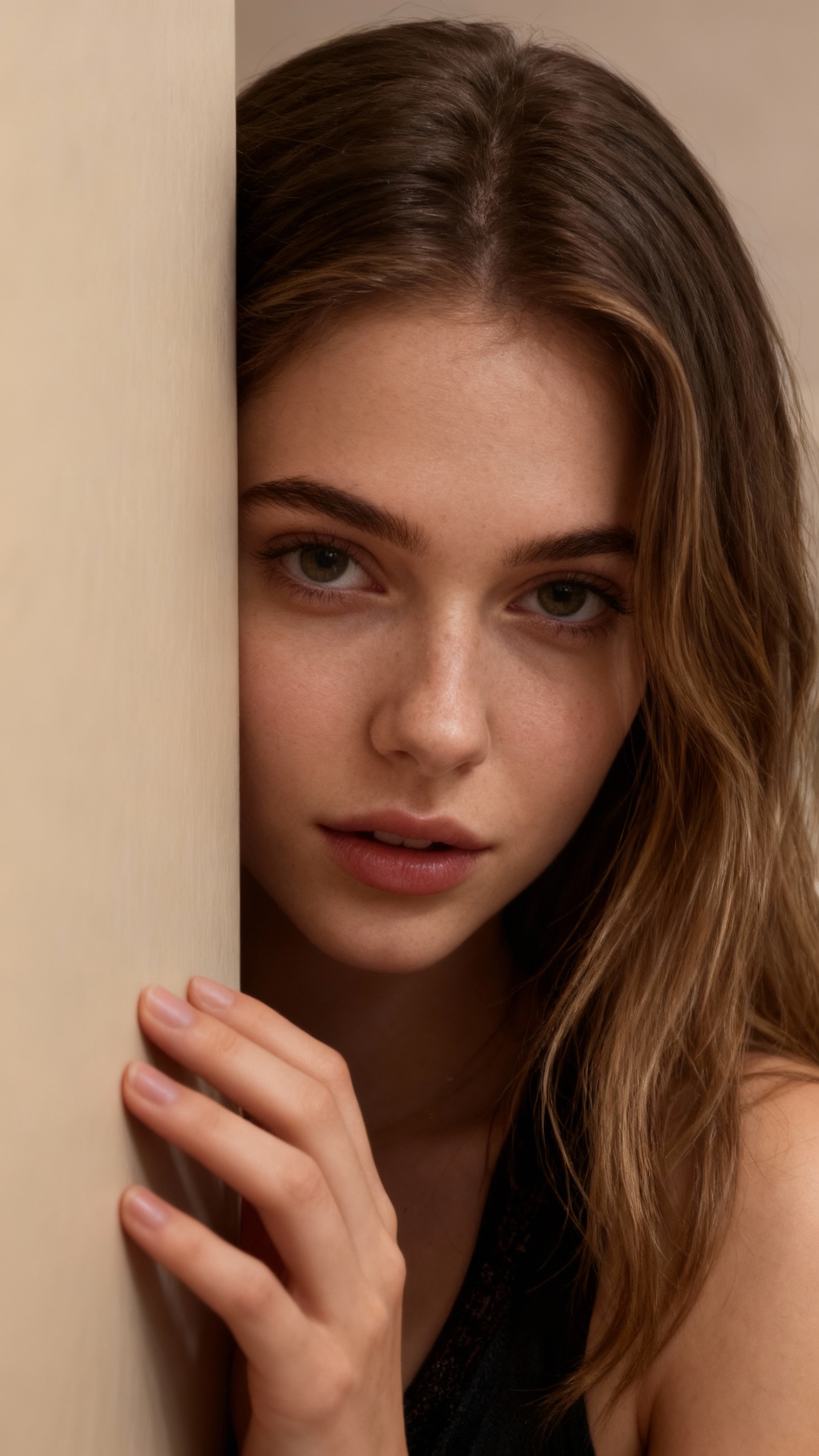 AI generated image using SEEDREAM: photorealistic, close-up shot, young woman Sarah, leading Andi around a corner, ...