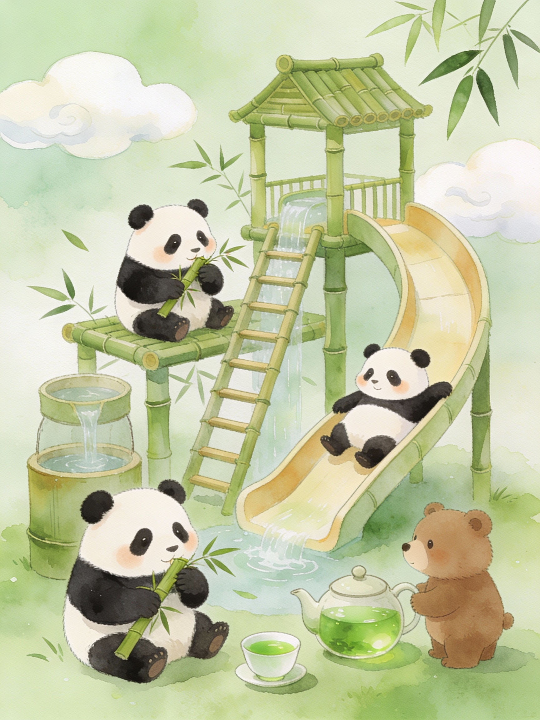 AI generated image using SEEDREAM_4_5: Cartoon pandas (several of them, some eating bamboo, some on slides, some making...