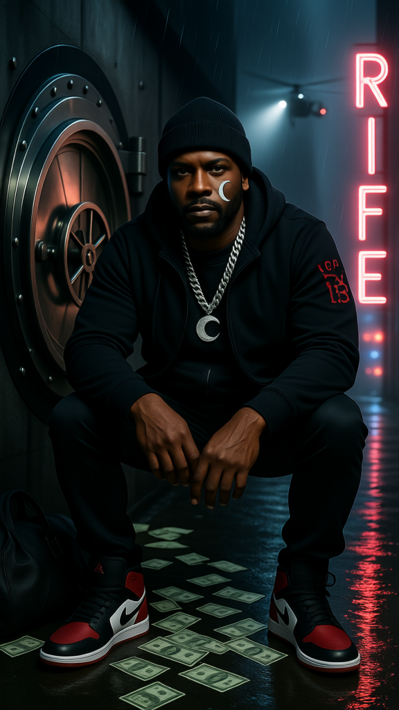 AI generated image using QWEN: Subject: Intense African American male lead with a crescent moon and star facial...