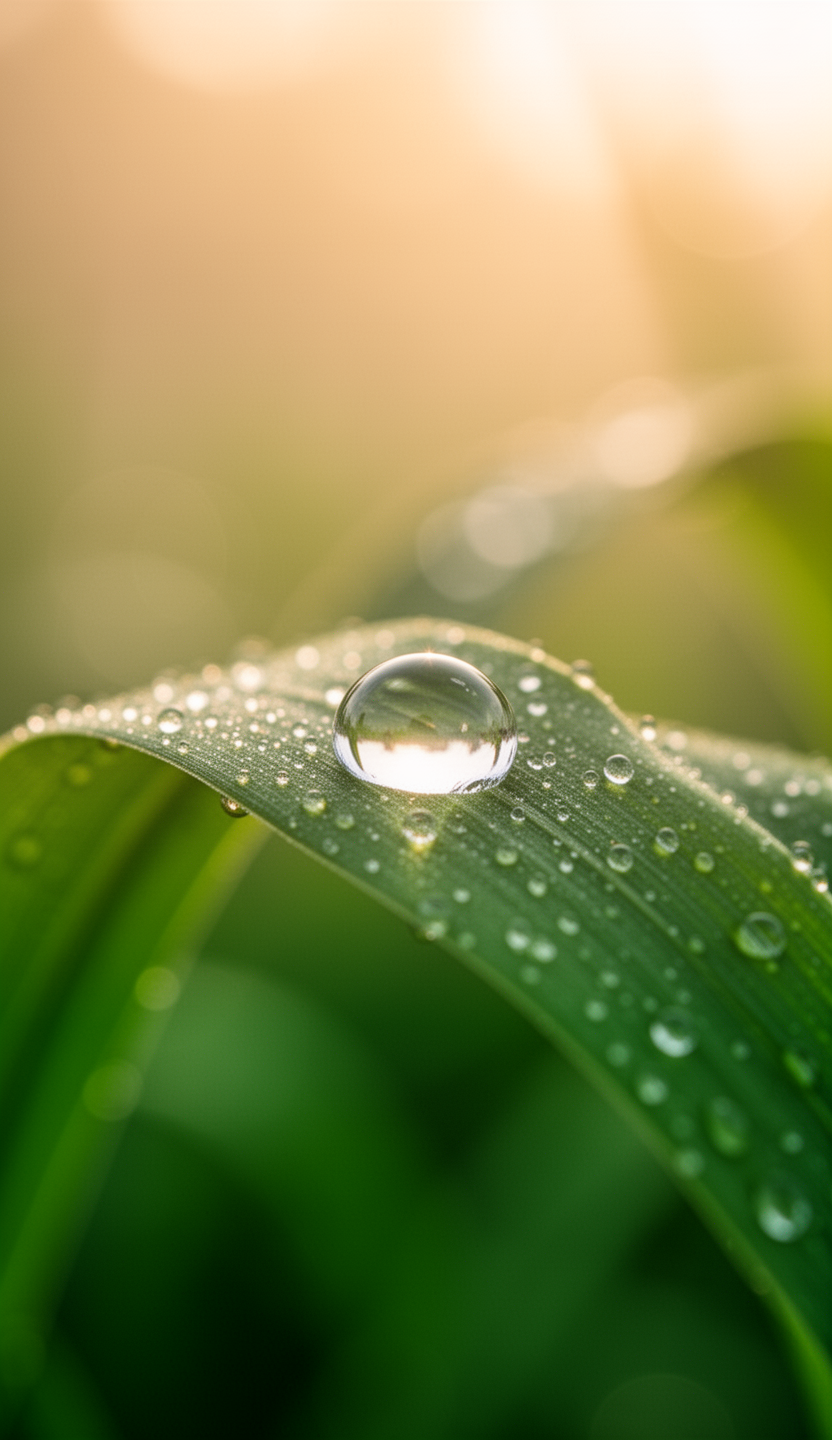 AI generated image using WERYAI_IMAGE_2_0: Serene morning atmosphere: a solitary, glistening dewdrop on a lush green leaf, ...