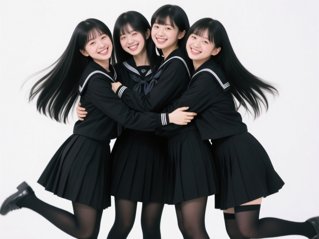 AI generated image using QWEN: masterpiece, best quality, 4 girls, girls, 18 years old, large breasts, black st...