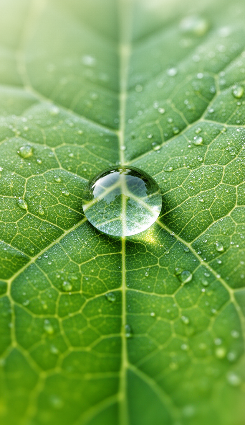 AI generated image using WERYAI_IMAGE_2_0: A close-up shot of a single dewdrop on a vibrant green leaf, intricate veins vis...