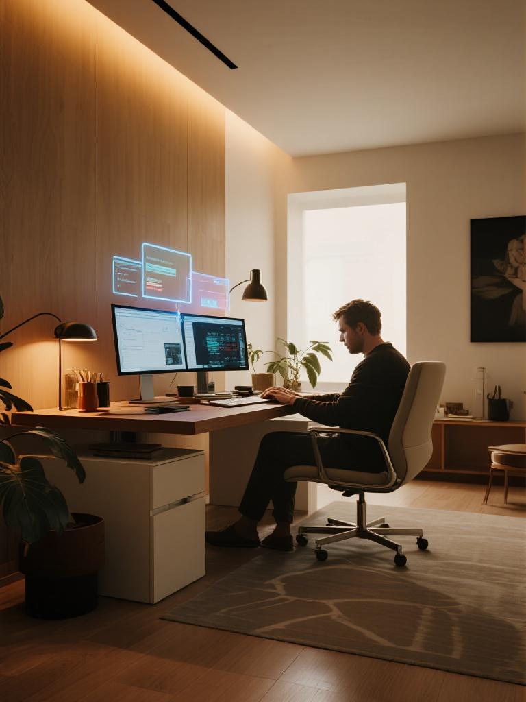 AI generated image using DREAMINA: A realistic futuristic home office with holographic screens floating subtly abov...