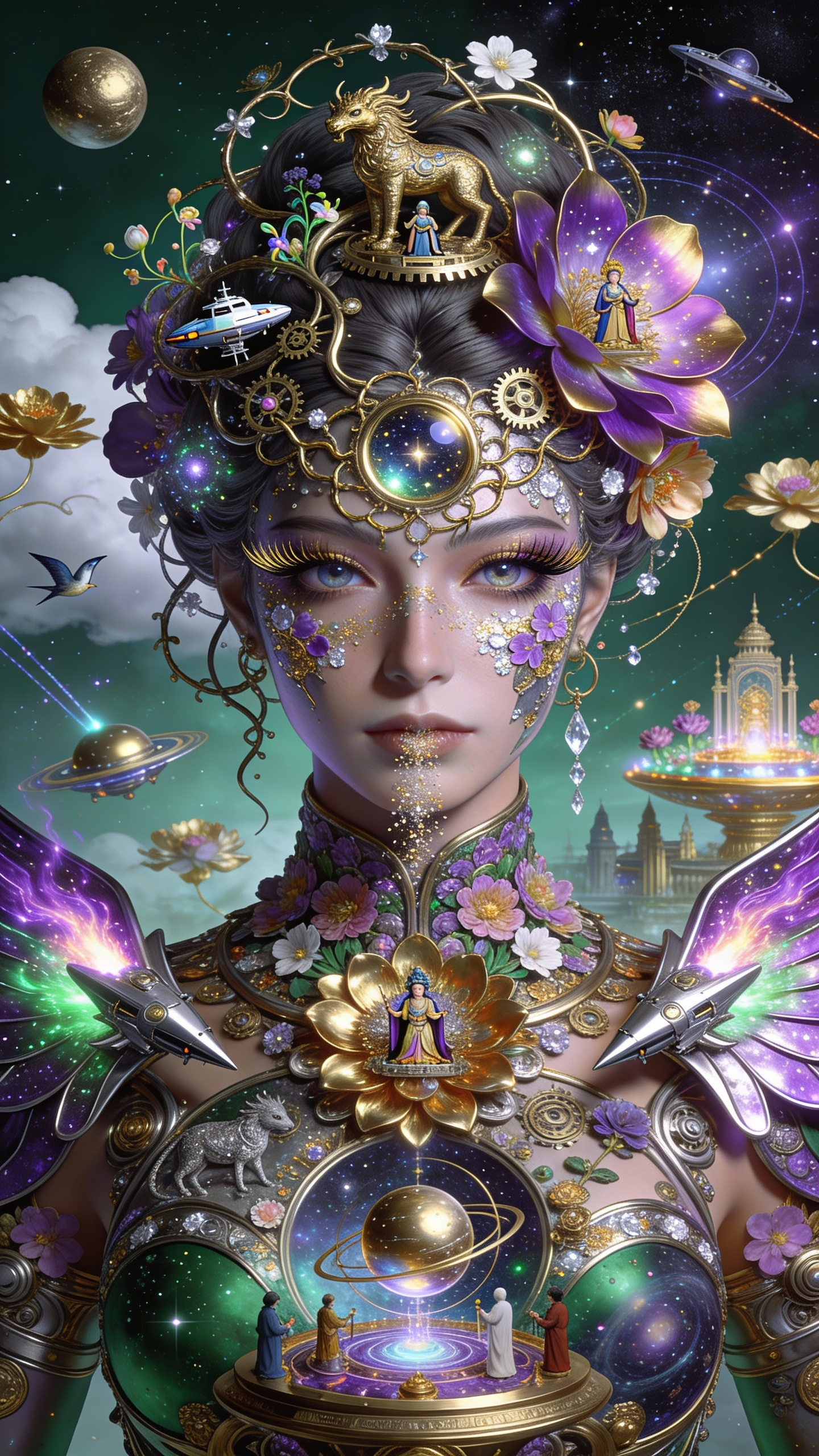 AI generated image using SEEDREAM_4_5: 极繁超现实主义数字艺术,主体是金属花卉宇宙女神半身像,她的皮肤是金属花瓣与宇宙星尘拼接,睫毛是金属藤蔓与星轨齿轮,眼瞳是金属星系(里面有宇宙飞船、金属花卉、微型...