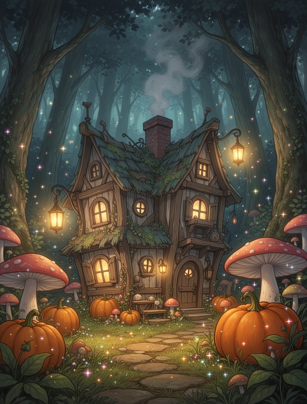 AI generated image using WERYAI_IMAGE_2_0: (masterpiece, best quality), fairytale anime style. A quirky, crooked wooden cot...