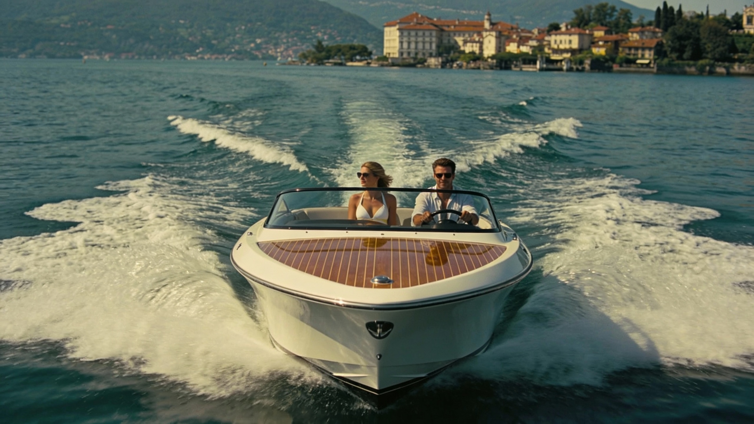 AI generated image using SEEDREAM_4_5: Drone-captured cinematic scene: Modern luxury yacht cutting across Lake Maggiore...