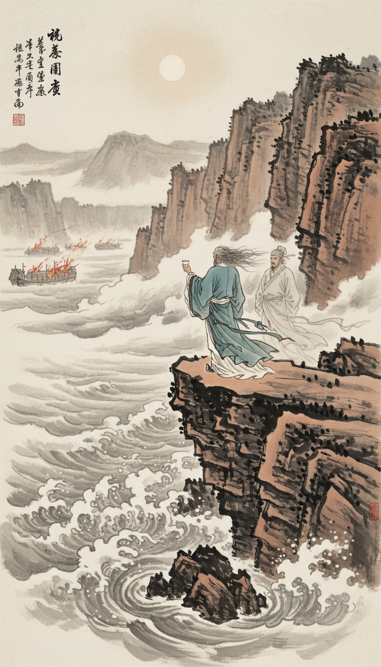 AI generated image using NANO_BANANA: The Yangtze River surges eastward, past the steep Red Cliffs with their jagged, ...