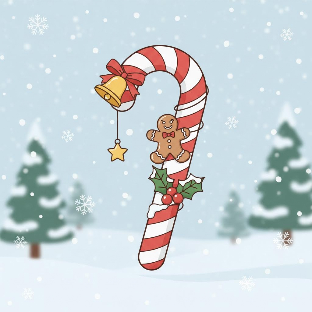 AI generated image using NANO_BANANA: 2D Christmas candy cane, with some decorations on it