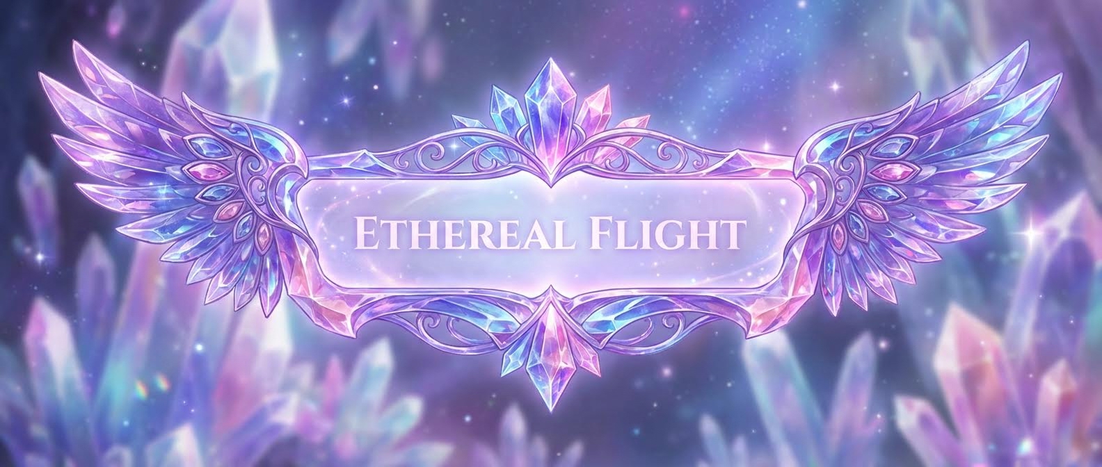 AI generated image using NANO_BANANA_PRO: Generate a crystal-textured, wing-shaped title box decoration UI in purple, blue...