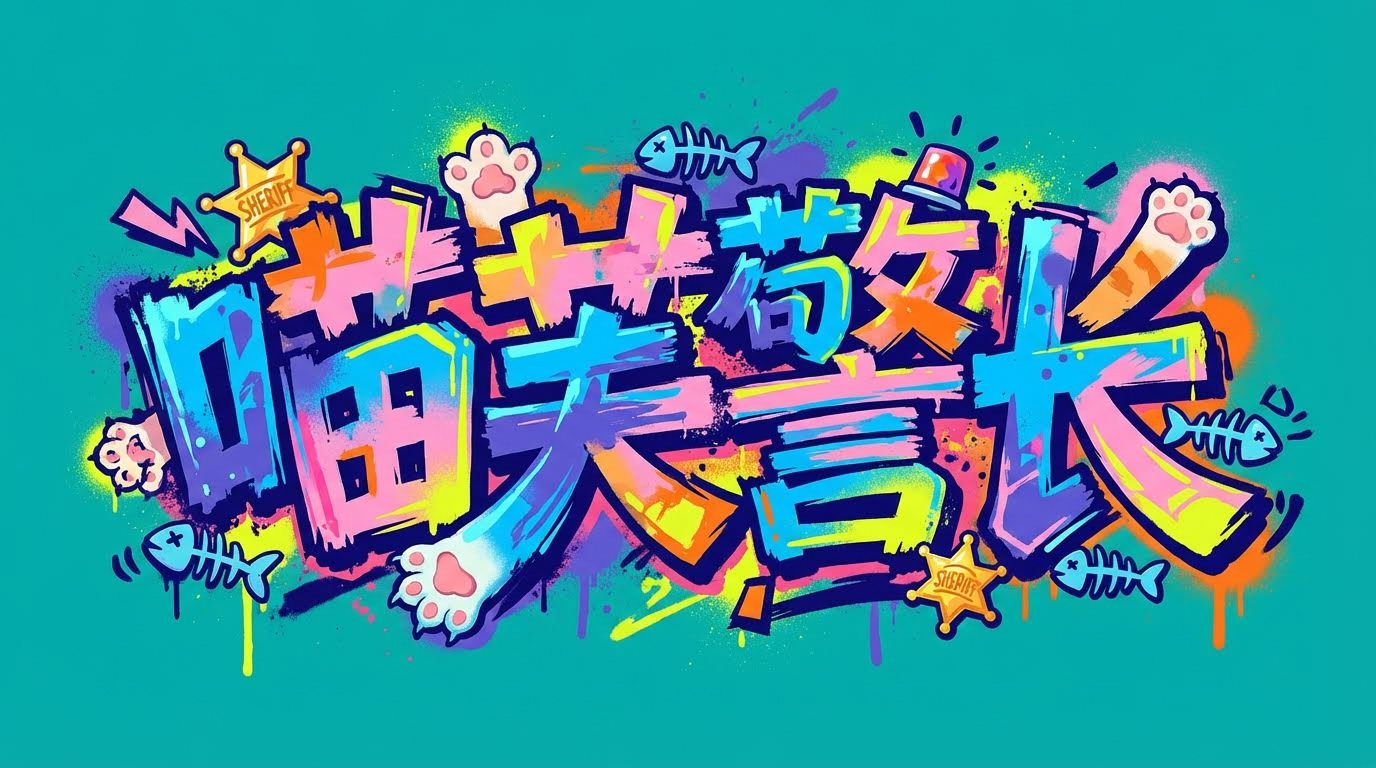 AI generated image using NANO_BANANA_PRO: Font design "Officer Meowfu", graffiti font, irregular brushstrokes, strong visu...