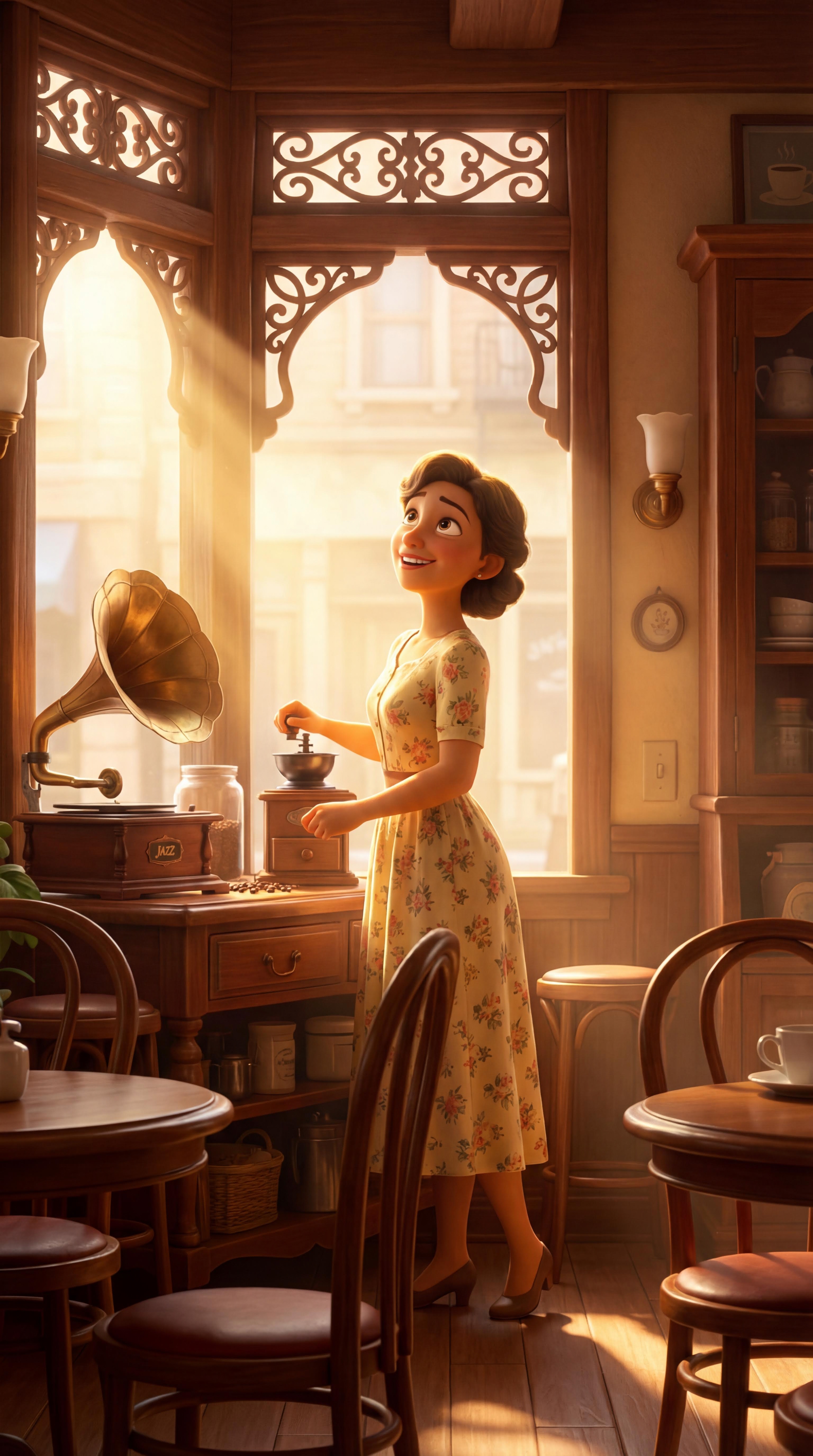 AI generated image using NANO_BANANA_PRO: In a retro cafe, warm sunlight streamed through the ornate window lattice. The f...