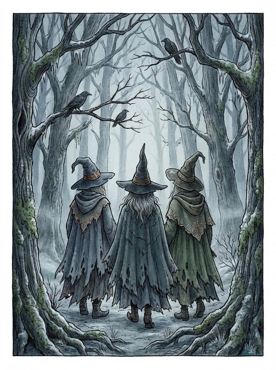 AI generated image using NANO_BANANA_PRO: Generate a back view of three witches together, all wearing hats. The three are ...