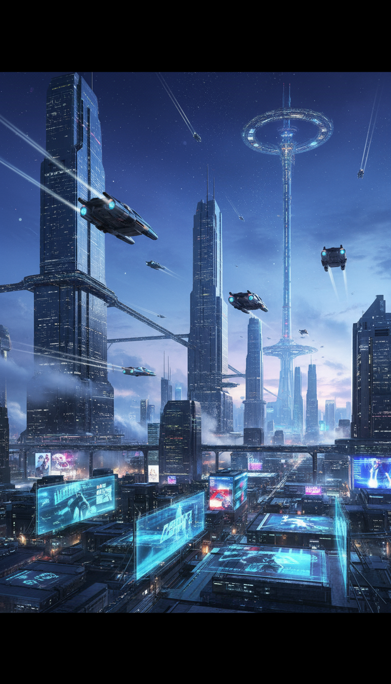 AI generated image using NANO_BANANA: 16:9, a super cool and grand futuristic scene, featuring towering futuristic bui...