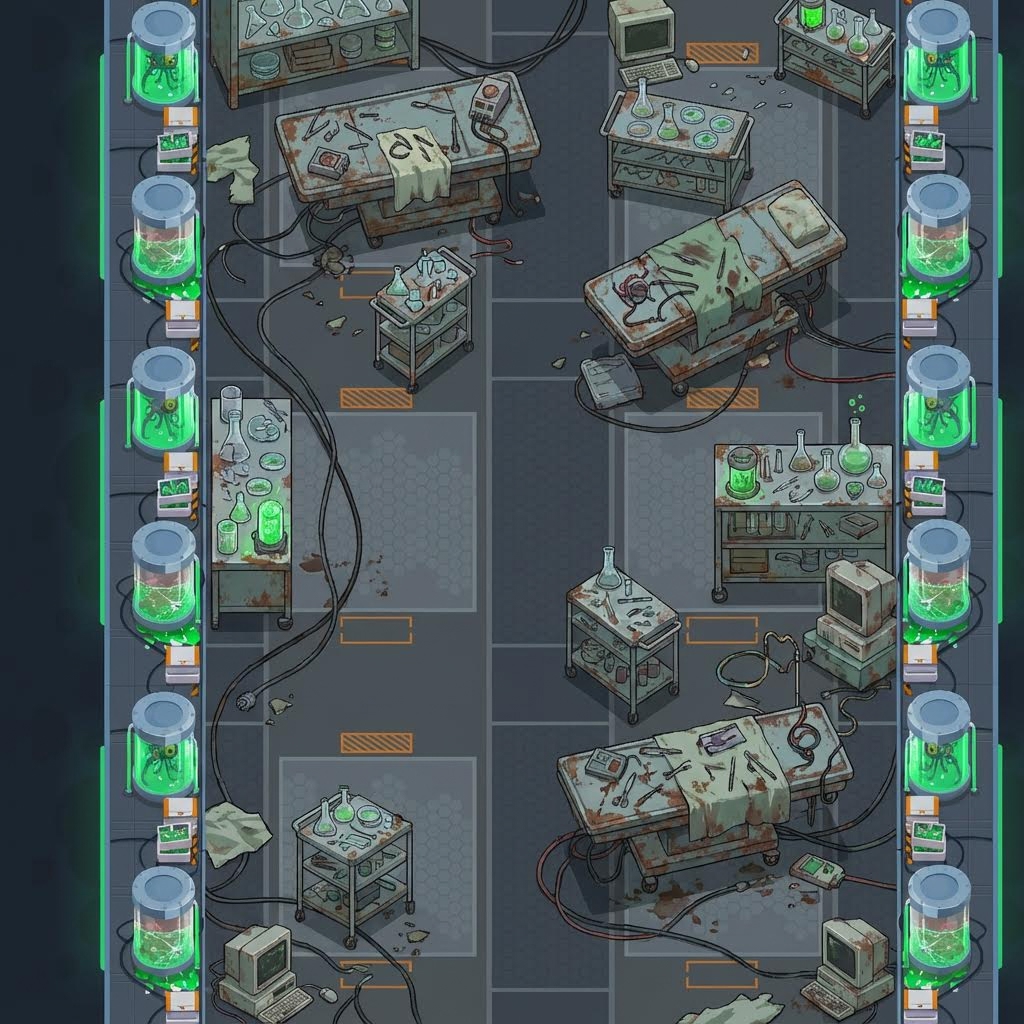 AI generated image using NANO_BANANA_PRO: Sci-fi laboratory, cluttered and worn-out operating table, glassware, top-down v...