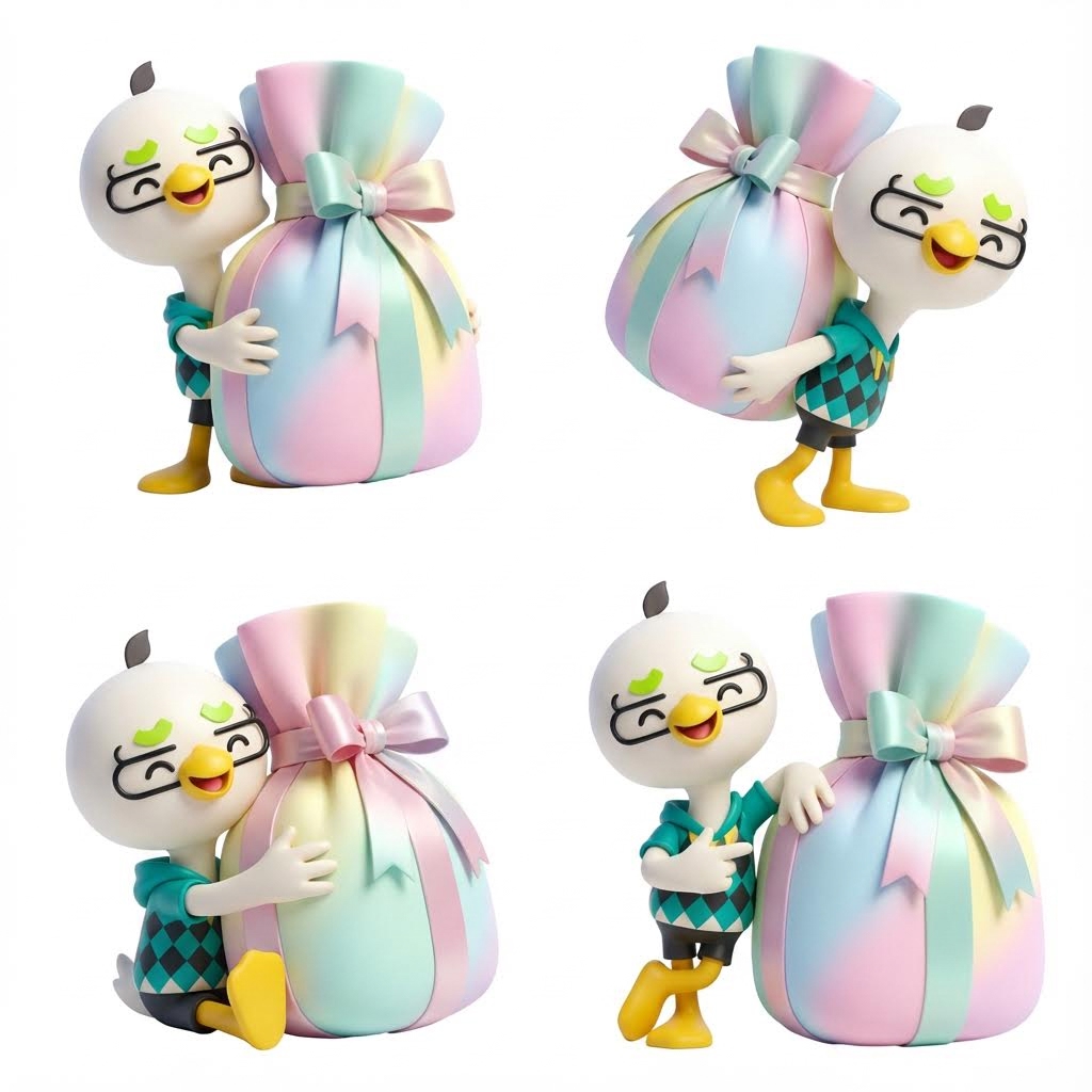 AI generated image using NANO_BANANA_PRO: Generate a few images: a duck holding an oversized gift package in macaron color...