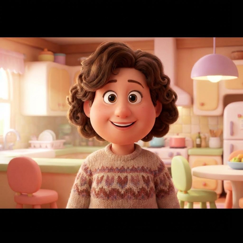 AI generated image using NANO_BANANA_PRO: Show a 3D animated mom smiling with cartoon face