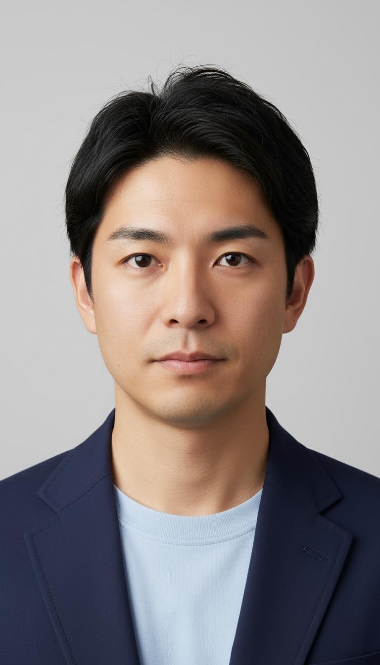 AI generated image using NANO_BANANA: Japanese male, 33 years old. A bust-up headshot, similar to an ID photo.
Facing ...