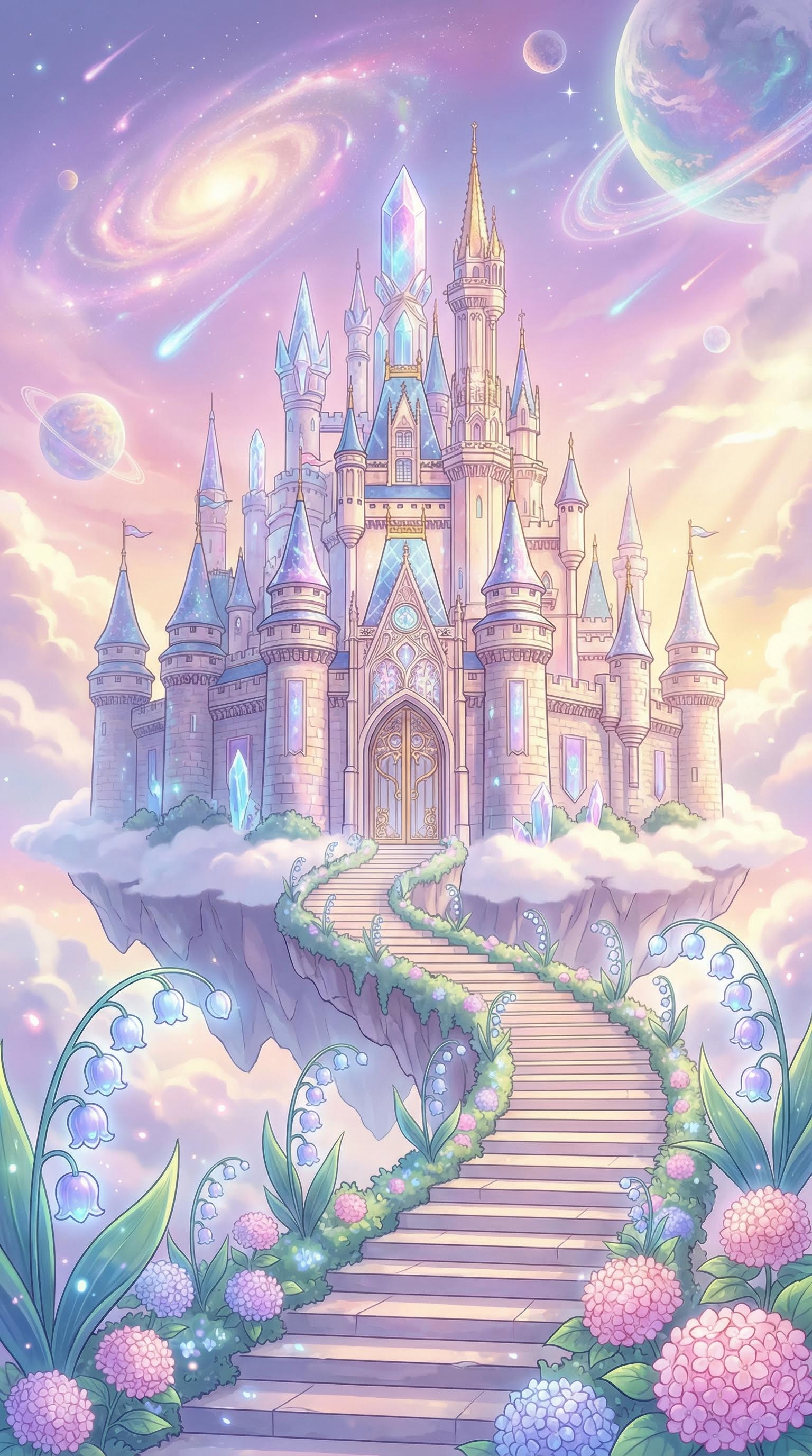 AI generated image using NANO_BANANA_PRO: Anime illustration style, a dreamy grand castle, a castle garden floating in the...