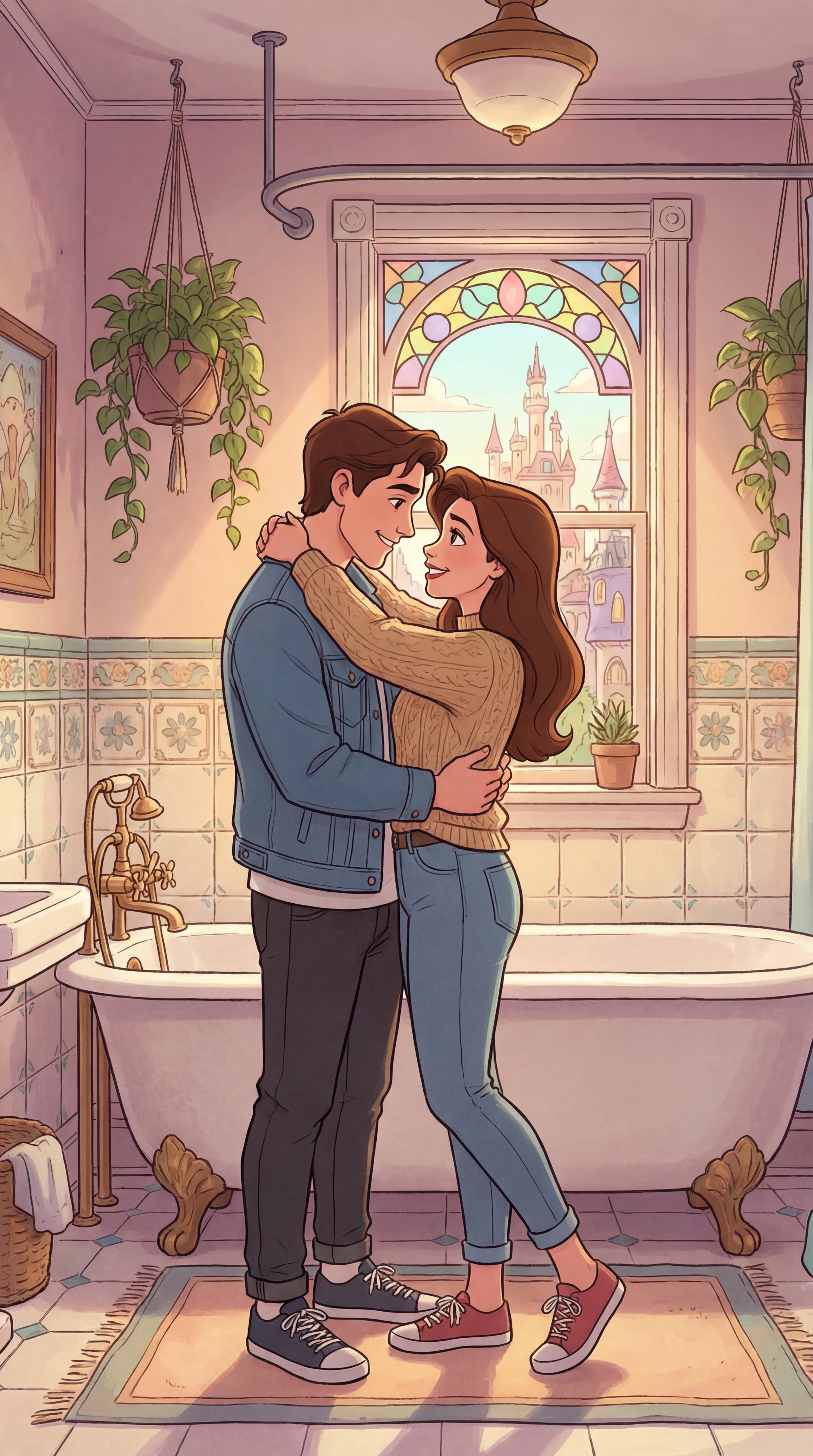 AI generated image using NANO_BANANA_PRO: Generate an image of young American couples being affectionate in a bathroom, in...