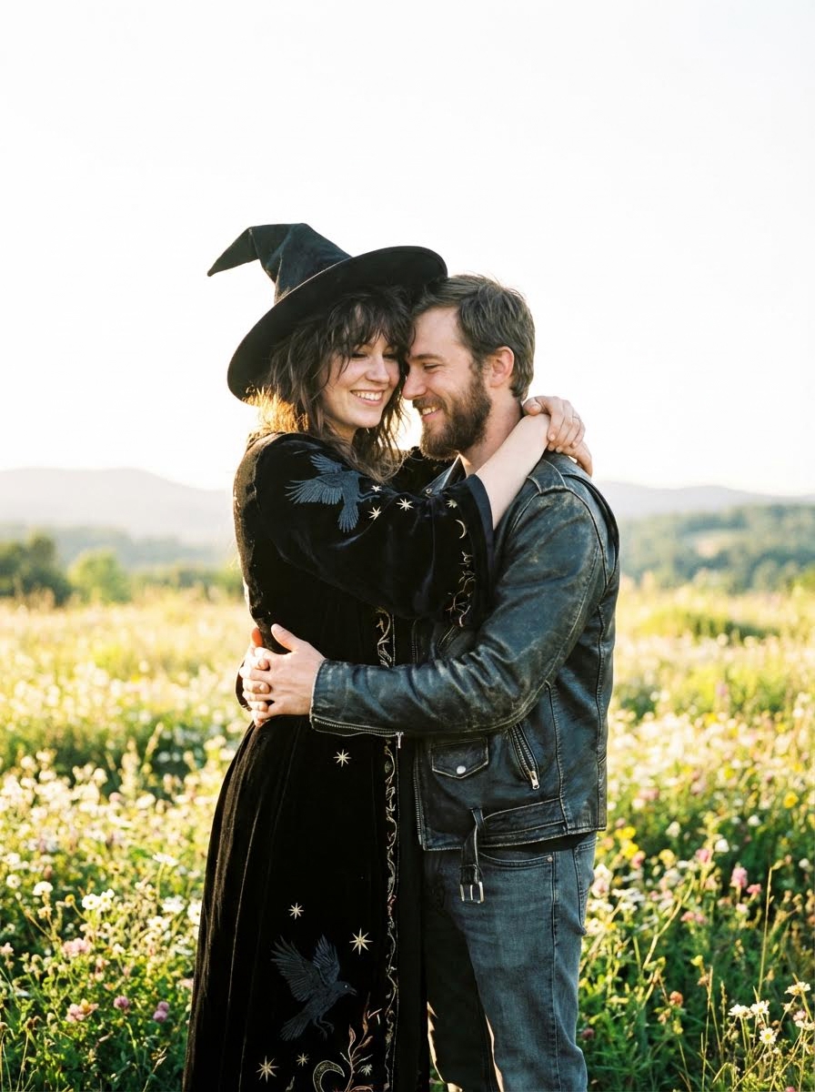 AI generated image using NANO_BANANA_PRO: Generate a full-body image of a young witch and her partner embracing. They are ...