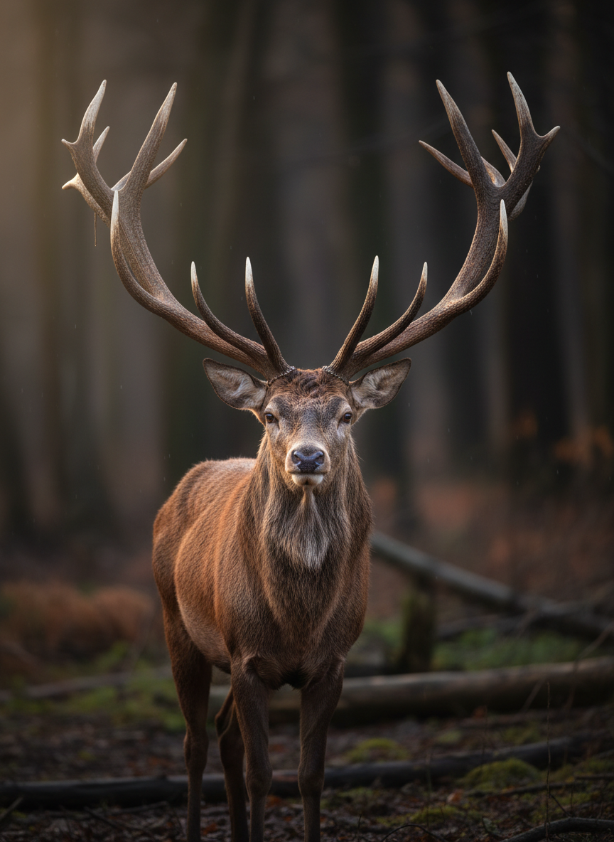 AI generated image using NANO_BANANA: A stag with exceptionally long and thick antlers, depicted with realistic detail...